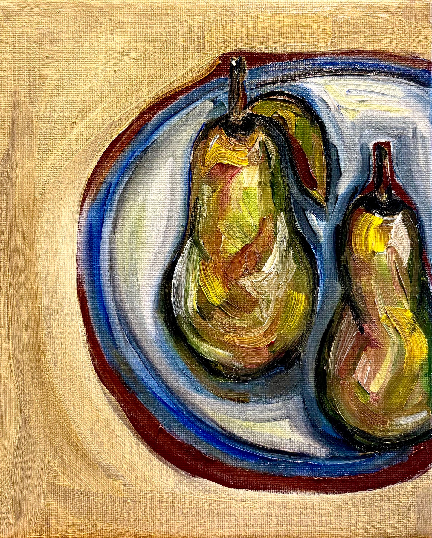 An oil painting of two pears on a blue-rimmed plate against a textured beige background.