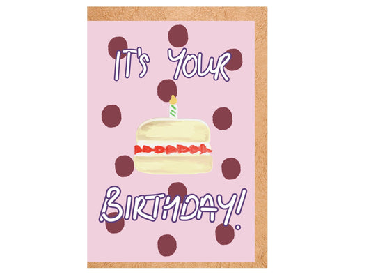 Whimsical Birthday Card, Hand-Drawn Cake Illustration, Polka Dot Design, A6 Size
